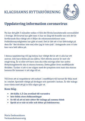 Uppdatering av information med anledning av Coronavirus
